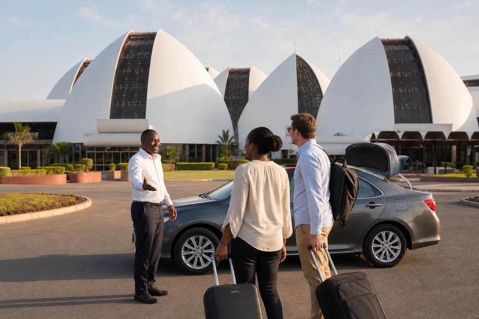 Voyageurs retrouvant leur chauffeur devant l’aéroport Melchior Ndadaye