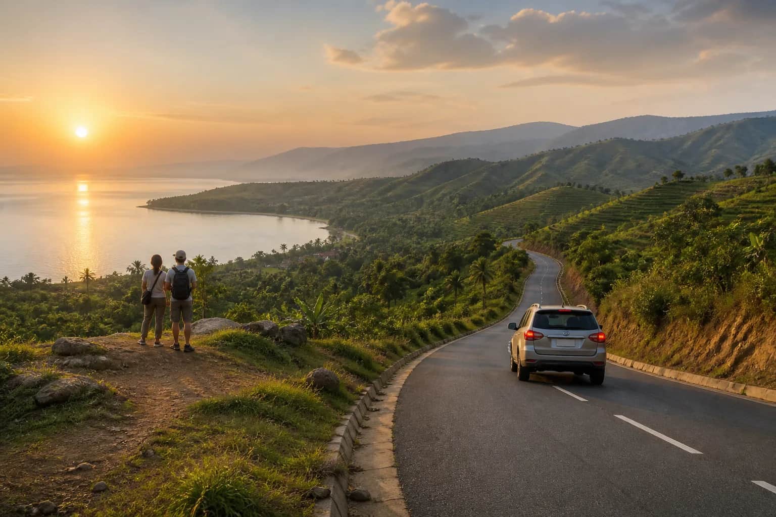 Editorial illustration of a road journey beside Lake Tanganyika and Burundi's hills