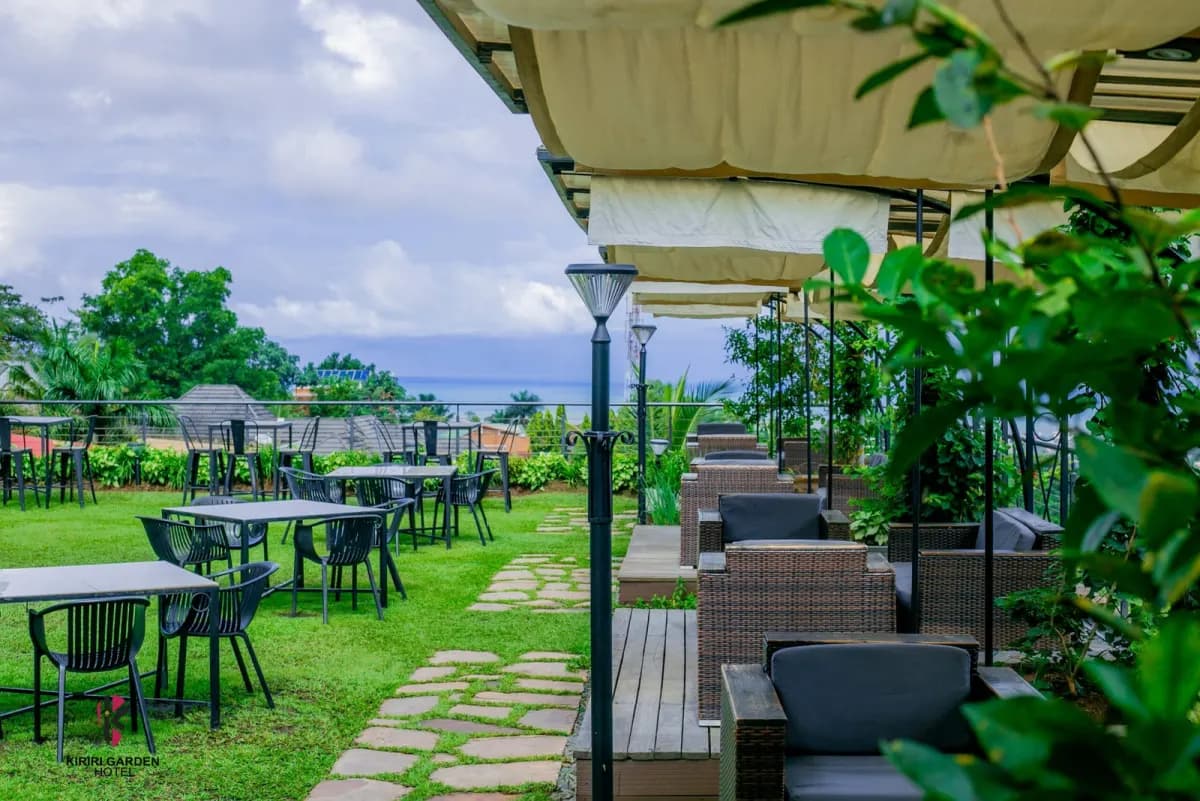 Garden terrace at Kiriri Garden Hotel overlooking Bujumbura and Lake Tanganyika